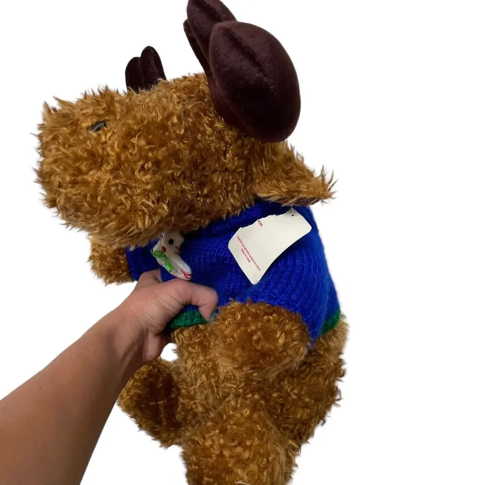 Vintage Reindeer Plush Moose Brown Curly Hair Blue Sweater 15” HugFun Toy TAGS